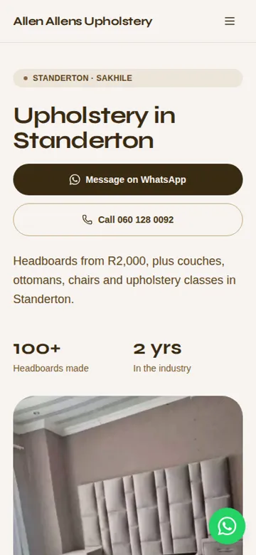 Allen Allens Upholstery website on a phone