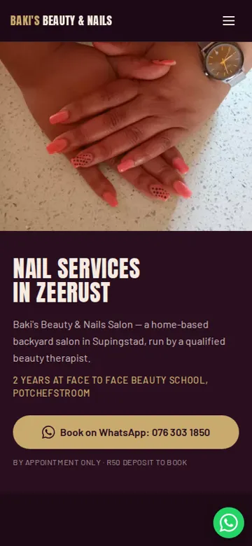 Baki’s Beauty & Nails Salon website on a phone