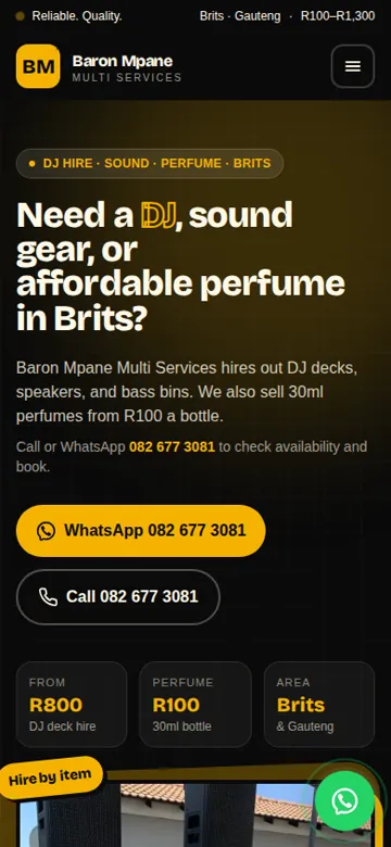 Baron Mpane Multi Services website on a phone