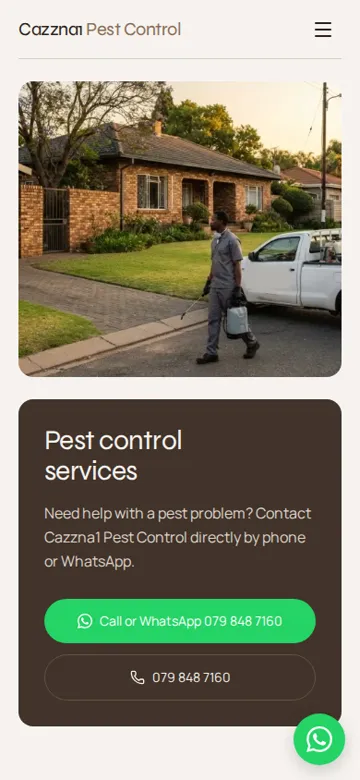 Cazzna1 Pest Control website on a phone