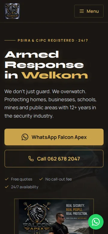 Falcon Apex Security Group website on a phone