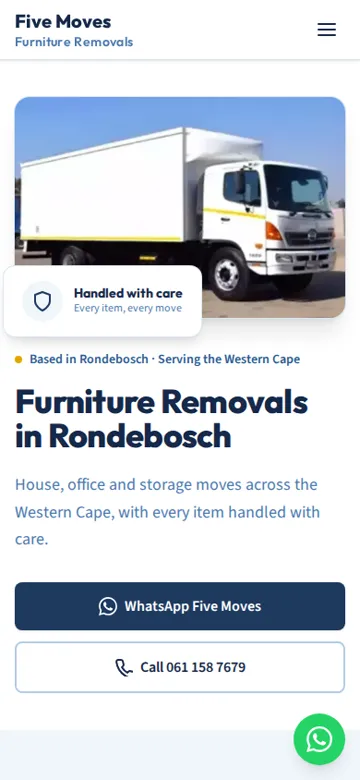 Five Moves Furniture Removals website on a phone
