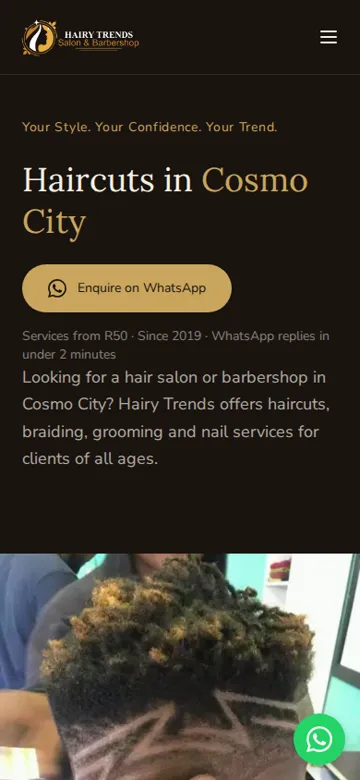 Hairy Trends Hair Salon and Barbershop website on a phone