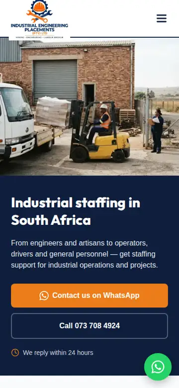 Industrial Engineering Placements website on a phone