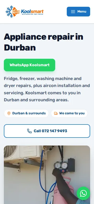 Koolsmart Refrigeration and Appliance website on a phone