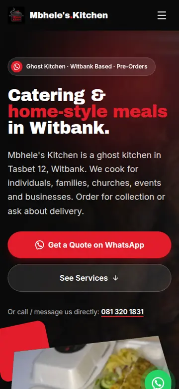 Mbhele’s Kitchen website on a phone