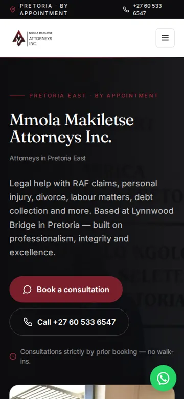 Mmola Makiletse Attorneys Inc. website on a phone