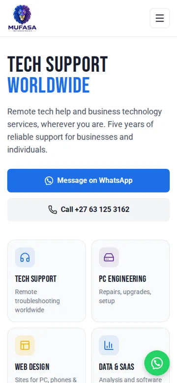 Mufasa Technologies website on a phone