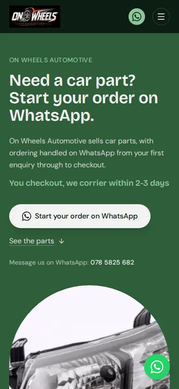 On Wheels Automotive website on a phone