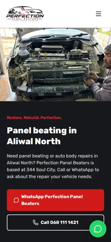 Perfection Panel Beaters website on a phone