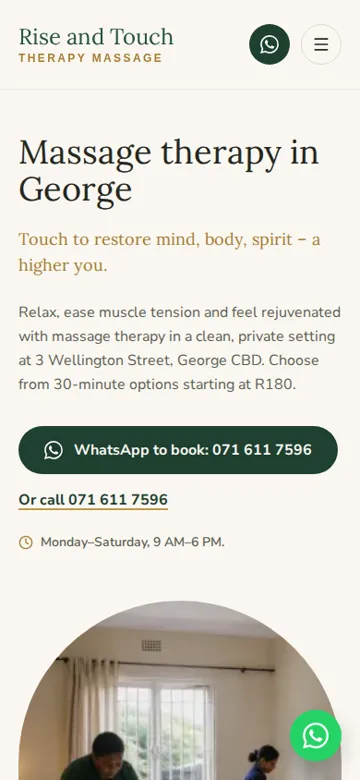 Rise and Touch Therapy Massage website on a phone