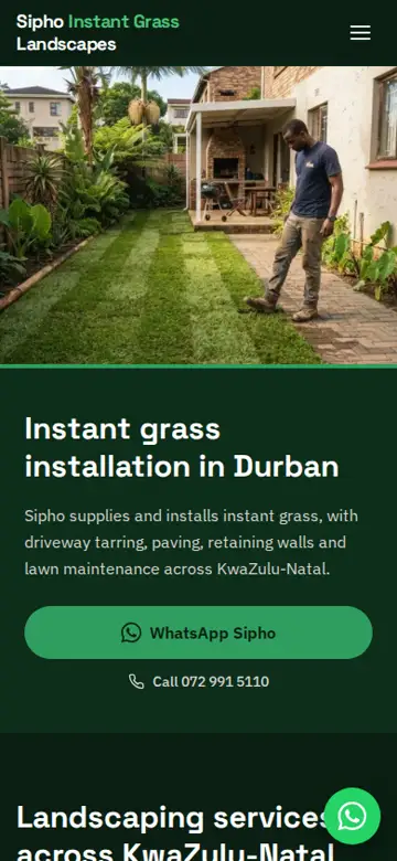 Sipho Instant Grass & Landscapes website on a phone