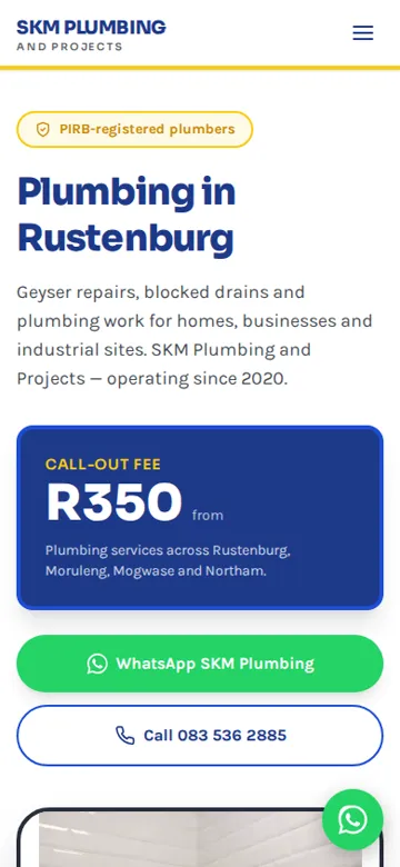 SKM Plumbing and Projects website on a phone