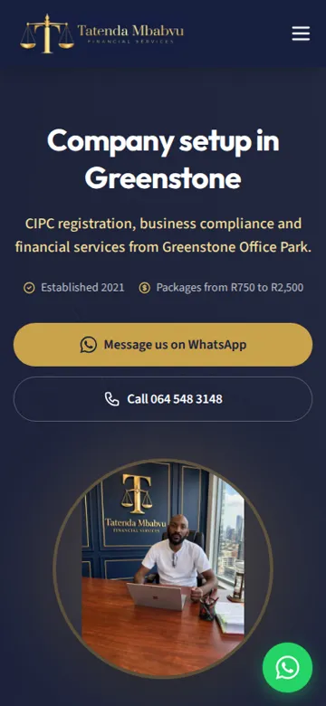 Tatenda Mbabvu Financial Services website on a phone