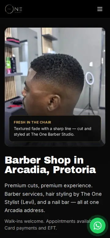 The One Barber Studio website on a phone