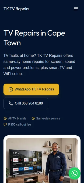 TK TV Repairs website on a phone