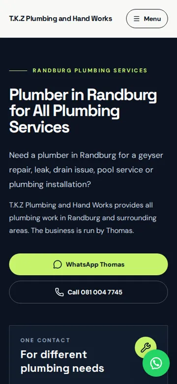 T.K.Z Plumbing and Hand Works website on a phone