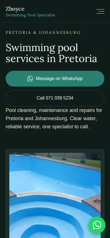 Zboyce Swimming Pool Specialist website on a phone