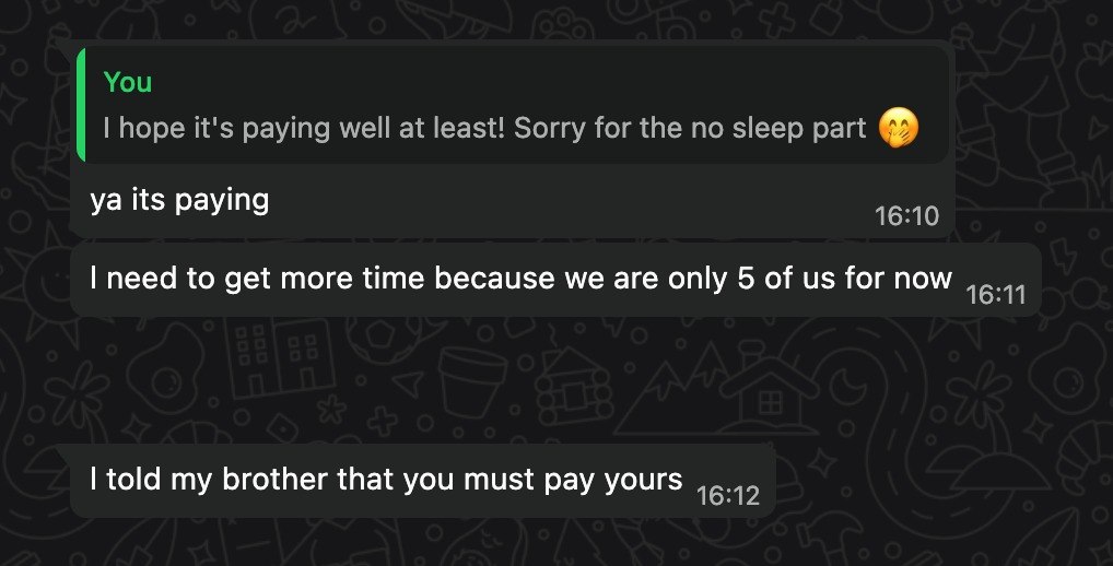 WhatsApp messages saying the ads were paying and the team needed more time because only five people were working