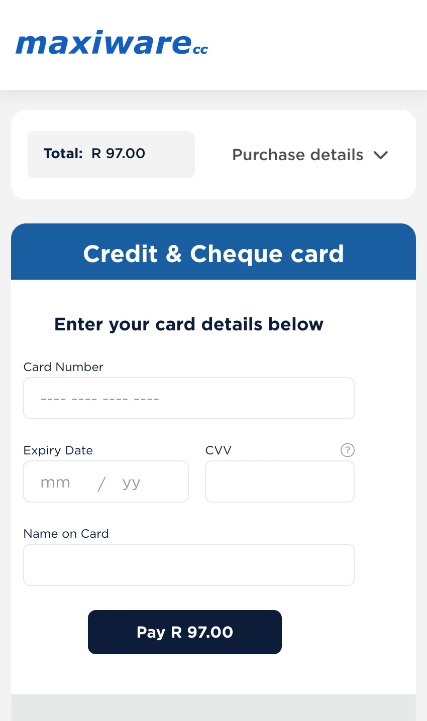 Secure payment page showing Maxiware CC and the R97 card payment form